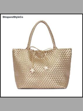 Faux Leather Woven Tote Handbag Set with Pouch Large Shoulder Purse